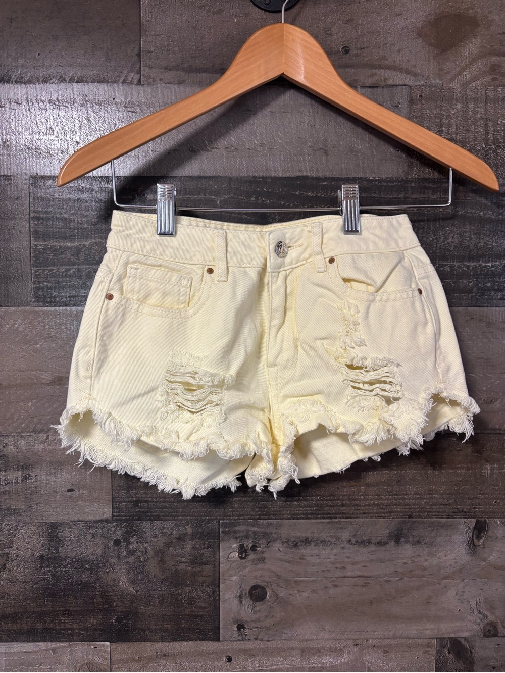 PacSun Pale Yellow Distressed High-Rise Festival Denim Shorts teen Sz 22”